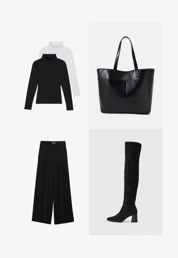 Črne in bele dolge majice s turtleneck ovratniki, zložene skupaj, izdelane iz rebraste tkanine, z oprijetimi oblikami in visokimi ovratniki.; Črne široke hlače iz teksturirane tkanine, z elastičnim pasom in odstranljivim trakom na pasu za prilagodljivo prileganje.; Črne semiš škornje do kolen z blok peto, s koničastim nosom in gladkim, brezšivnim dizajnom na enostavni svetli podlagi.; Črna usnjena torba z dvema dolgima ročajema, gladko teksturo in strukturirano obliko. Ima sprednji žep za dodatno shranjevanje.