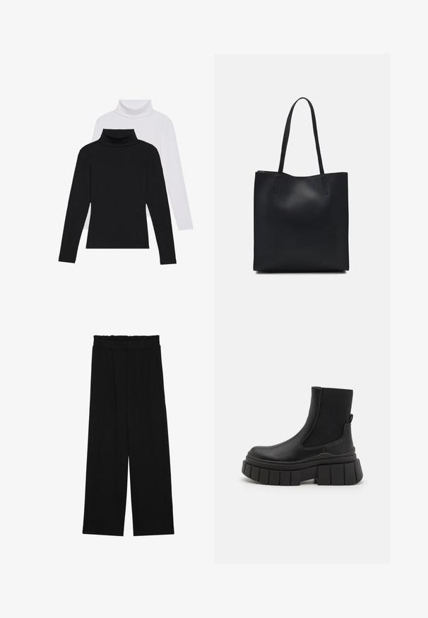 Turtlenecks de manga longa em preto e branco empilhados, feitos de tecido canelado, com formas ajustadas e colares altos.; Calças largas pretas com um cinto franzido, apresentando dois bolsos laterais e um tecido suave e leve. Sem padrões ou ferragens visíveis.; Botas pretas até ao tornozelo, feitas de couro liso, com painéis laterais elásticos, uma sola de plataforma robusta e um design de piso texturizado.; Bolsa tote preta em couro com textura lisa, forma retangular e duas alças longas. Sem hardware ou enfeites visíveis.