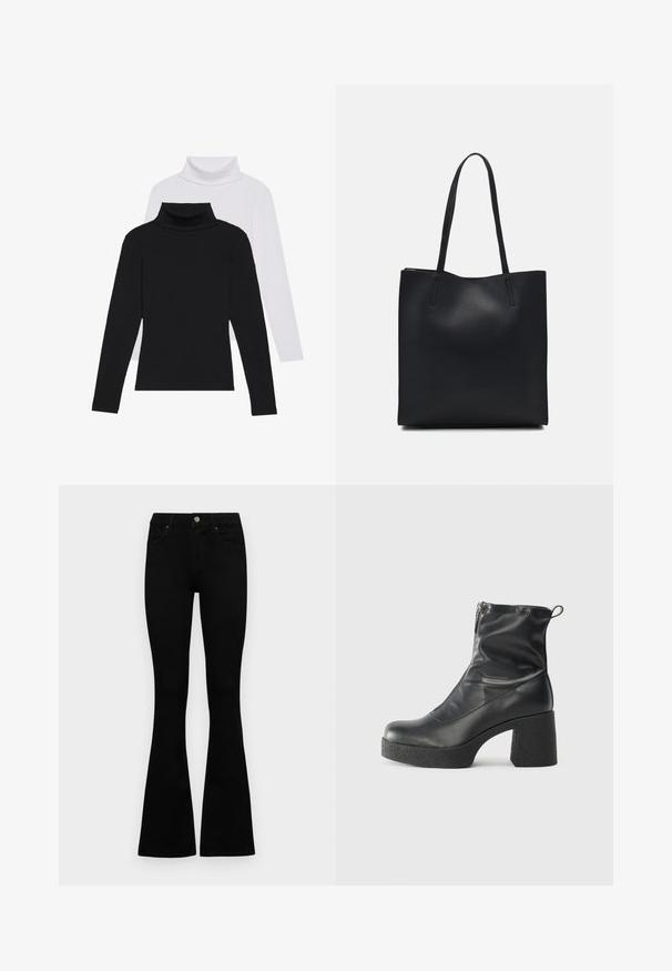 Czarno-białe, długie rękawy golfy, ułożone w stos, wykonane z ribbowanej tkaniny, charakteryzujące się dopasowanym krojem i wysokimi kołnierzami.; Czarne, wysokie dżinsy z guzikem i zamkiem błyskawicznym, z przednimi kieszeniami i rozszerzanymi nogawkami, leżące płasko na białym tle.; Czarne botki za kostkę wykonane z gładkiej skóry, wyposażone w boczny zamek błyskawiczny, masywny teksturowany obcas oraz zaokrąglony czubek.; Czarna skórzana torba tote o gładkiej fakturze, prostokątnym kształcie i dwóch długich uchwytach. Brak widocznych elementów metalowych i ozdób.