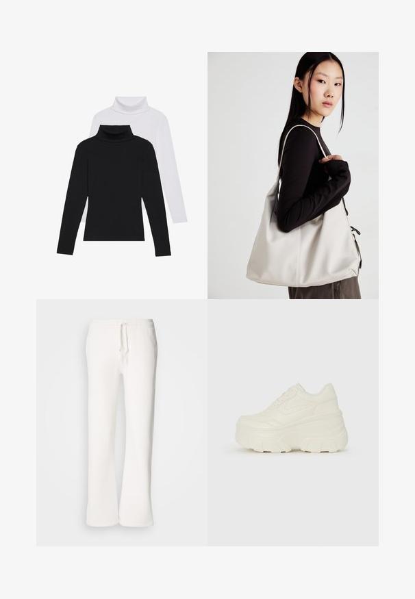 Black and white long-sleeve turtlenecks stacked, made of ribbed fabric, featuring fitted shapes and high collars.; White, relaxed-fit sweatpants made of soft fabric, featuring an elastic waistband with a drawstring and straight-leg design.; White platform sneakers featuring a smooth leather-like upper, rounded shape, padded collar, and textured rubber sole with defined treads.; Beige handbag made of soft material, featuring a slouchy design, stitched detailing, and two shoulder straps. Suitable for everyday use.