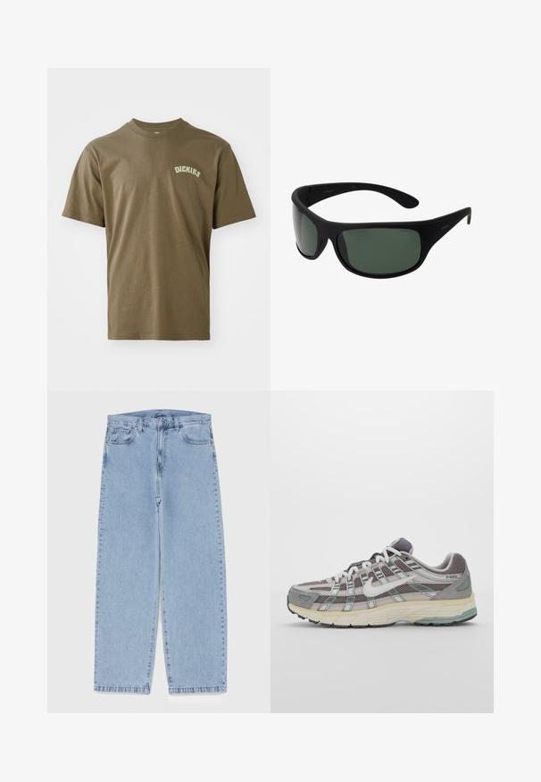 Olive green cotton t-shirt with short sleeves, round neck, and a small white "Dickies" logo printed on the left chest. Smooth texture.; Light blue denim jeans with straight leg design, featuring a mid-rise waist, five pockets, and a button and zipper closure.; Gray athletic shoe featuring a mesh and suede upper, white accents, a cushioned sole, and a distinctive design with reflective elements.; Black wraparound sunglasses with dark green lenses. Matte finish, curved design, with straight arms and subtle branding on the side.