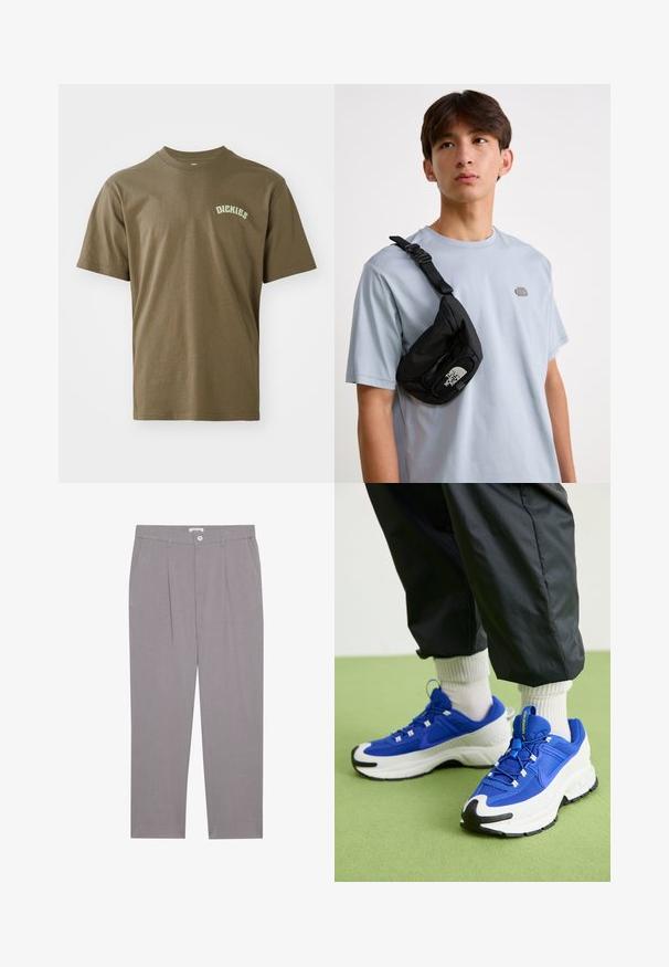 Alyvuogių spalvos medvilnės marškinėliai su trumpomis rankovėmis, apvaliu kaklu ir mažuoju baltu "Dickies" logotipu, atspaustu kairiajame krūtinės pusėje. Lygus paviršius.; Pilki pritaikyti kelnių su tiesiu kirpimu, su dviem priekinių kišenėlių, klostėmis ir mygtukų uždarymu. Pagamintos iš lengvos medžiagos.; Mėlyni ir balti sportiniai bateliai su tekstūruota medžiaga, išsiskiriančia guma padais ir juodais akcentais. Savybėmis yra raišteliai ir paminkštinta konstrukcija.; Juodas nailoninis per petį dėklas su reguliuojamu dirželiu, išryškintu baltu logotipu. Nešiojamas ant šviesiai mėlynos marškinėlių. Paprastas, funkcionalus dizainas.