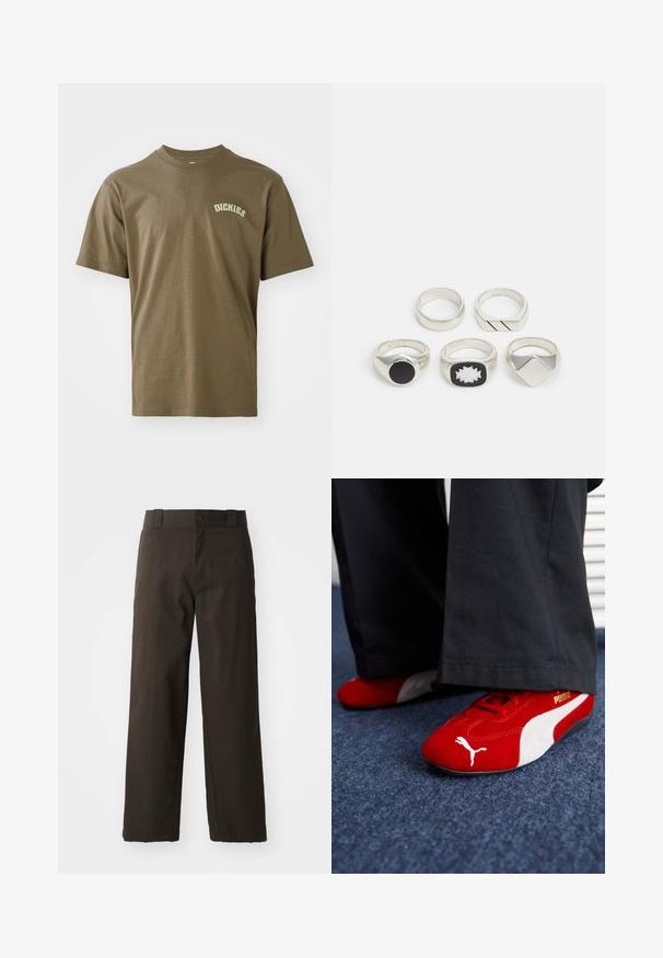 Olive green cotton t-shirt with short sleeves, round neck, and a small white "Dickies" logo printed on the left chest. Smooth texture.; Black cotton trousers with a straight-leg design, featuring a button closure and a classic waistband. Smooth texture, no patterns or accents.; Red suede sneakers with white accents, featuring textured material, round toe, and a gold logo on the side, worn with black pants.; Five silver rings: one with a black circular detail, one with a white and black geometric pattern, and others with various shapes and finishes.