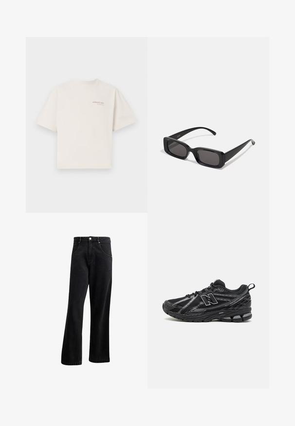 Kurzarm-T-Shirt mit Rundhalsausschnitt aus cremefarbenem Baumwollstoff, mit dem Text "ADRIATISCHES MEER" in Pink auf der Brust. Lockere Passform und glatter Stoff.; Schwarze Denim-Jeans mit geradem Bein, ausgestattet mit Fronttaschen, einem Knopfverschluss und einer leichten Struktur. Inclusiv eines dezenten Logodetails.; Schwarze Sportschuhe mit einem Mesh-Obermaterial, auffälligem Logo, strukturiertem Sohlen und Dämpfungseigenschaften. Entworfen für Unterstützung und Atmungsaktivität.; Schwarze rechteckige Sonnenbrille mit dunklen Gläsern, glänzender Oberfläche, breiten Bügeln und einem klobigen Rahmen-Design. Gravierter Markenname auf einem Bügel.