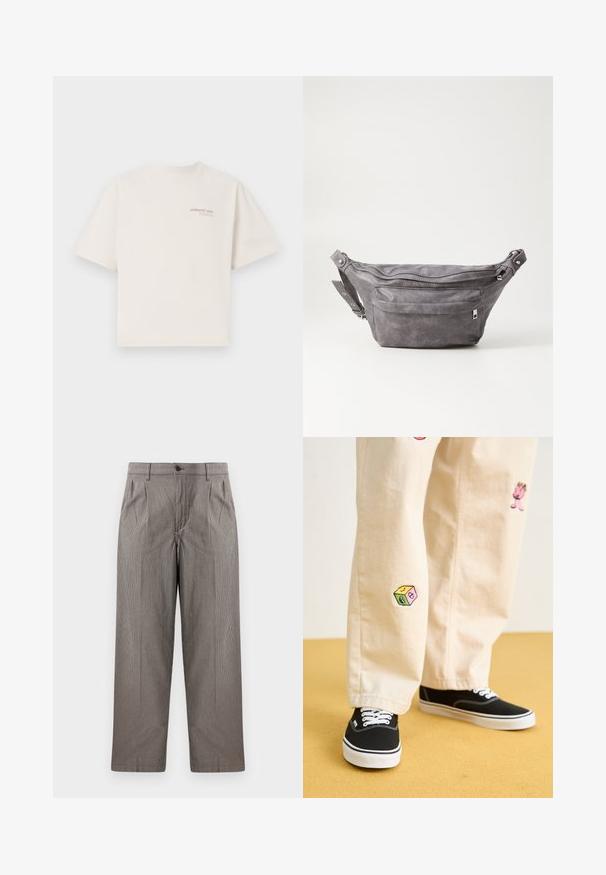 Majica kratkih rukava, okruglog izreza u boji slonovače od pamuka s tekstom "ADRIATSKO MORE" u ružičastoj boji na prsima. Udoban kroj i glatka tekstura.; Hlače s uzorkom u sivoj kockastoj kombinaciji, ravnog kroja, s pregibima, pojasom s kopčanjem na dugme i bočnim džepovima.; Bež pamuk hlače s razigranim izvezenim dizajnima, uključujući ružičasti lik i obojene blokove, uparene s crnim vezicama za cipele.; Siva zamšasta torbica preko struka sa zaobljenim oblikom, dva zip zatvorena odjeljka i podesivim remenom. Sadrži metalne naglaske.