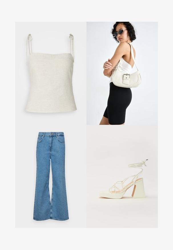 White linen top with adjustable ties at the shoulders, a straight neckline, and a fitted silhouette tapering towards the hem.; Light blue flared jeans made of denim, featuring a high waist, five pockets, and a single button closure. Soft texture with faded finish.; White high-heeled sandal with a chunky heel, featuring a strappy design and ankle tie. Smooth texture with a platform front for added height.; White leather handbag with a curved shape, adjustable strap, and a small buckle detail. Model wears a fitted black outfit.
