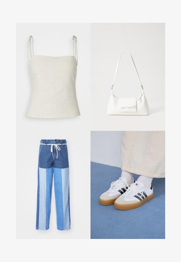 Top bianco in lino con lacci regolabili sulle spalle, scollatura dritta e silhouette aderente che si restringe verso l'orlo.; Pantaloni in denim blu con un design a patchwork in diverse sfumature di blu, vita con cordoncino e gambe ampie e dritte.; Sneakers bianche con strisce nere e accenti in suede beige. Presentano una suola in gomma texturizzata e lacci bianchi piatti, indossate con calzini di colore chiaro.; Borsa sintetica bianca a forma triangolare, con patta anteriore piatta e dettaglio a fiocco, tracolla regolabile, texture liscia e design minimalista.