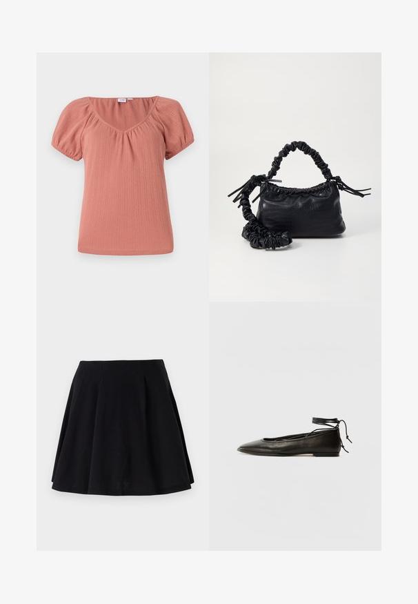 Rózsaszín, V-nyakú felső puffos ujjakkal. Bordás anyagból készült, amely finom textúrával és laza szabással rendelkezik. Simító, könnyű anyag.; Fekete pamut szoknya bővülő szabással, derékrészen redőzött kialakítással és sima textúrával. Kiváló választás hétköznapi viseletre.; Fekete bőr balettcipők hegyes orral, bokakötővel és lapos talppal, sima textúrával és minimalista dizájnnal.; Fekete műbőr kézi táska krokodil bőr textúrával, összehúzható tetejű és gyűrt pánttal. Lágy és kompakt dizájnúnak tűnik.