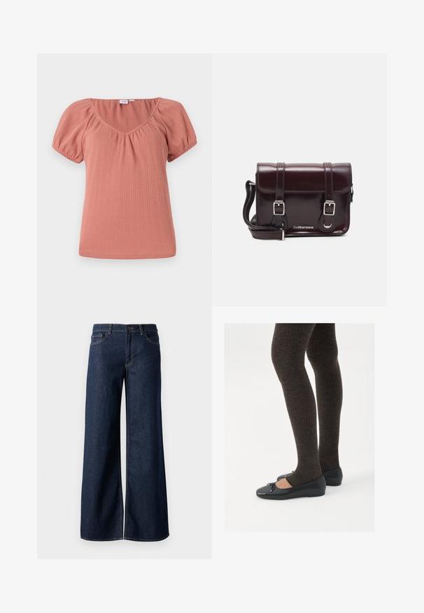 Rožinė V-formos viršūnė su pūstomis rankovėmis. Pagaminta iš braukšninių audinių, turinti subtilią tekstūrą ir laisvą kirpimą. Lygi, lengva medžiaga.; Plati kojinės džinsai tamsiai mėlynos džinsinės medžiagos. Yra kontrastingas siuvimo ornamentas, penkios kišenės ir užsegimas mygtuku juosmenyje. Lygus paviršius.; Juodos plokščios bateliai su maža kaspinėlio detale prie pirštų, derinami su tamsiai rudos spalvos raukšlėtomis pėdkelnėmis. Bateliai turi lygų paviršių ir žemą profilį.; Bordo lakinės odos krepšys per petį, stačiakampio formos, su dviem diržais, sidabrinėmis detalėmis ir užtraukiama kiautu.