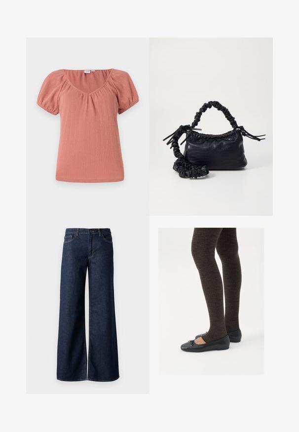 Roosa V-kaelusega särk puhvvarrukatega. Valmistatud ribakanga materjalist, millel on peen tekstuur ja mugav lõige. Sujuv, kerge kangas.; Laiad teksad tumesinises denimis. Omab kontrastõmblusi, viit taskut ja nupukinnitust vööl. Sile tekstuur.; Mustad mustad kingad väikese teksaga varvaste juures, koos tumedate pruunide ribakangastega. Kingadel on sile tekstuur ja madal profiil.; Must must sünteetilisest nahast käekott, millel on krokodillimuster, kokku tõmmatav ülaosa ja kortsus rihm. Tundub pehme ja kompaktne disain.