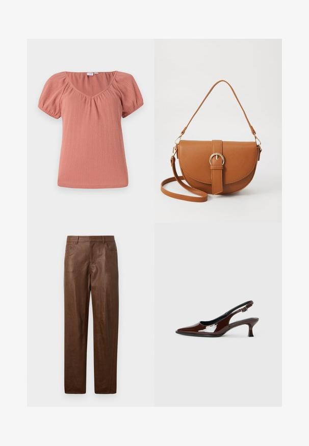 Růžový vršek s výstřihem do V a nabíranými rukávy. Vyroben z vroubkované tkaniny, s jemnou strukturou a uvolněným střihem. Hladký, lehký materiál.; Hnědé kožené kalhoty s hladkou texturou, rovný střih a dvě postranní kapsy. Obsahují viditelné švy.; Hnědé lakované kožené slingback boty s špičatou špičkou a mírným podpatkem. Disponují přezkou pro bezpečné upevnění. Hladký povrch.; Hnědá kožená křížová taška s zakřiveným tvarem, zlatými detaily a akcentem s přezkou. Obsahuje odnímatelný popruh na rameno.