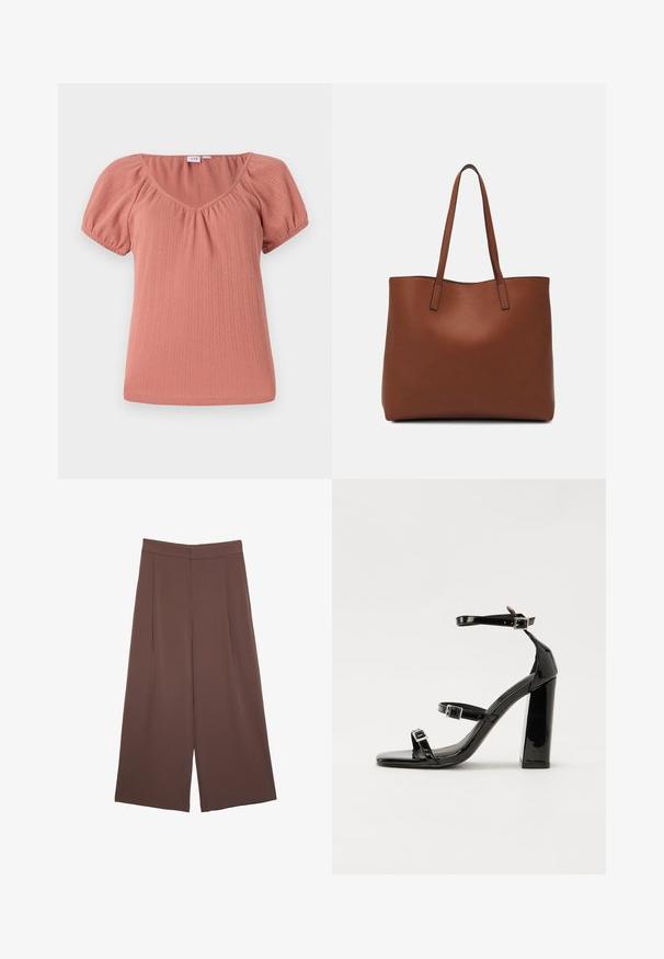 Rosa topp med V-ringning och puffärmar. Tillverkad av ribbat tyg, med subtil struktur och en avslappnad passform. Slätt, lätt material.; Bruna vida byxor med en slät textur, som har hög midja och framfickor. Tyget är lätt och flödar löst.; Svarta lackerade klacksandaler med fyrkantig tå, ankelremmar och silverfärgade spännen. Har en kraftig blockklack för stabilitet.; Brun läder tote-väska med en slät textur, öppen toppdesign och två axelremmar. Har minimal söm och ingen synlig metalldetalj.