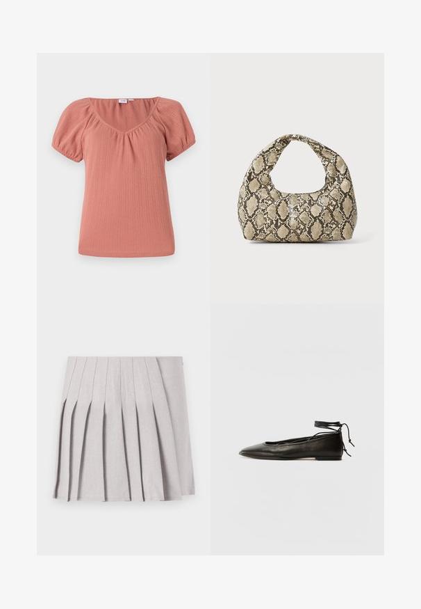 Ružová blúzka s výstrihom do V a pufovanými rukávmi. Vyrobená z rebrovanej látky, s jemnou textúrou a voľným strihom. Hladký a ľahký materiál.; Sivá plisovaná sukňa s hladkým povrchom, s viacerými vertikálnymi skladmi a priliehavým pásom. Vyrobená z ľahkého materiálu.; Čierne kožené baletky s špicatou špičkou, viazaním okolo členka a plochou podrážkou, s hladkou textúrou a minimalistickým dizajnom.; Kabelka s hadím vzorom a zakriveným rukoväťou. Vyrobená z textúrovaných béžových a hnedých materiálov, s charakteristickým diamantovým vzorom.