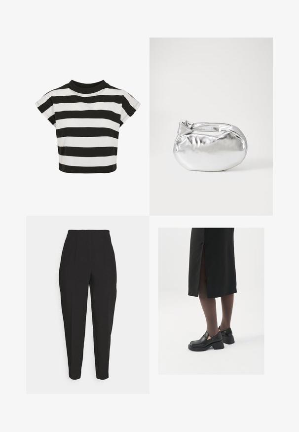 Melna un balta svītrainā topa blūze ar apaļu kakla izgriezumu un īsām, apmatojuma piedurknēm; izgatavota no mīksta kokvilnas auduma.; Melnas šūtas bikses ar augstu jostu, priekšējiem krokām, sašaurinātiem izgriezumiem un gludu tekstūru. Izgatavotas no viegla auduma, bez redzamām aizdaremi.; Melni ādas apavi ar noapaļotu purngalu, biezām bloku papēžiem un elastīgiem sānu akcentiem, apvienoti ar tumšām zeķubiksēm un melnu svārku ar šķirbu.; Sudraba metāliska poga somiņa ar mīkstu, noapaļotu formu un mezgla augšējo aizdari. Izgatavota no gludas mākslīgās ādas materiāla.; Sudraba gredzenveida auskari ar minimālistisku dizainu. Cirkulāra forma, gluda tekstūra un plāns profils. Vieglu svaru ar spīdīgu apdari.