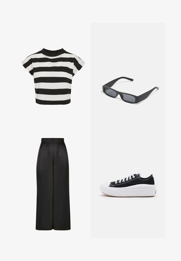 Sort og hvid stribet crop top med rund halsudskæring og korte, capærmer; lavet af blødt bomuldsstof.; Sorte brede bukser lavet af glat, skinnende stof med elastisk talje og uden synlige lommer eller hardwaredetaljer.; Sorte kanvas sneakers med hvide snørebånd, hvid gummitåhætte og en kraftig hvid mellemsål. Har diskret hvid syning og en gummisål.; Sorte rektangulære solbriller med mørke linser og tykke matte stel. Armen er let tilspidset med en glat overflade.