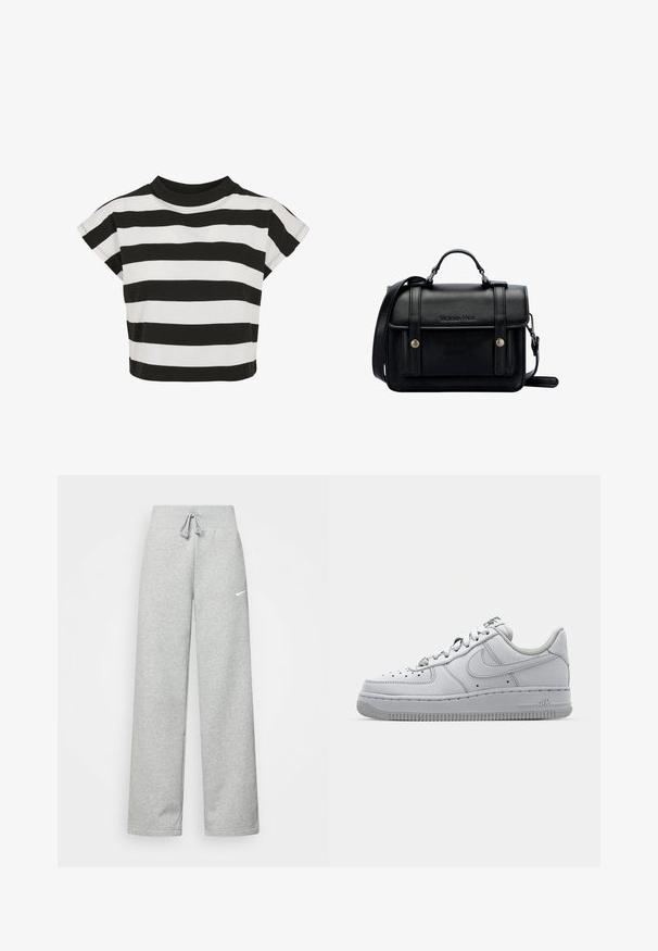 Crno-bijeli prugasti crop top s okruglim izrezom i kratkim kap sleeves; izrađen od mekanog pamučnog materijala.; Sive trenirke s elastičnim pojasom, detaljem za vezanje, i malim bijelim Nike logom na lijevom bedru. Mekana tkanina, širokog kroja.; Bijele kožne tenisice s niskim dizajnom, okruglim vrhom, perforiranim detaljima i teksturiranim gumenim potplatom. Imaju sive akcentne detalje na jeziku.; Crna kožna torba preko tijela sa strukturiranim dizajnom, gornjom ručkom, podesivim remenom, prednjim poklopcem i metalnim detaljima. Sadrži brendiranje sprijeda.