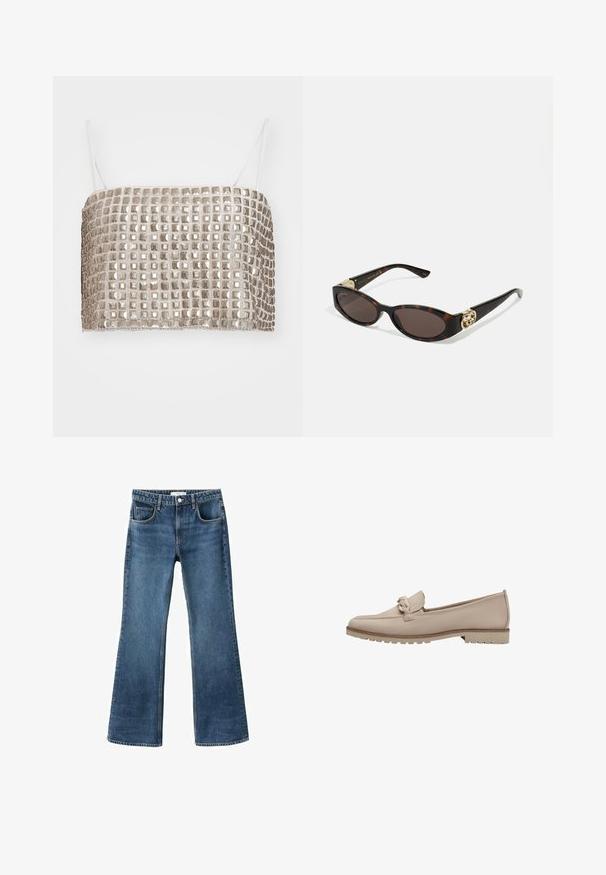 Metaliczny srebrny crop top z kwadratowymi cekinami i cienkimi białymi ramiączkami, prostokątny kształt, gładka tekstura i równomierny wzór w siatkę.; Niebieskie dżinsy z szerokimi nogawkami, średnim stanem, pięcioma kieszeniami i postarzanym wyglądem. Wykończone nogawki i klasyczne zapięcie na guzik.; Beżowe skórzane mokasyny z przeszyciem i dekoracyjnym węzełkiem na cholewce. Posiadają teksturowaną gumową podeszwę zapewniającą przyczepność oraz lekką amortyzację.; Słoneczne okulary w kolorze żółwi z wydłużonymi owalnymi soczewkami, brązowym odcieniem, złotymi akcentami logo na zausznikach oraz smukłymi czarnymi ramionami.; Srebrne, wypolerowane metalowe kolczyki w kształcie obręczy o gładkiej, zaokrąglonej formie z otwartą szczeliną z przodu. Posiadają zapięcie na szpilkę, co zapewnia bezpieczeństwo noszenia.