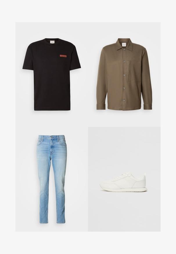 Crna pamukasta majica kratkih rukava, s okruglim izrezom i malim crvenim pravokutnim logotipom na lijevoj strani prsnog područja.; Smeđi košulja s dugim rukavima, ovratnikom, džepom na prsima i glatkom teksturom. Ima sive gumbe duž prednje strane.; Svijetloplava traperice s ravnim nogavicama, suptilnim izblijedjelostima i klasičnim dizajnom s pet džepova. Imaju zatvaranje na gumba i petlje za remen.; Bijela tenisica s gornjim dijelom od mrežice i sintetičkog materijala, okrugli vrh, ravne vezice i teksturirani bočni trak. Gumeni potplat s petnim trakicom.