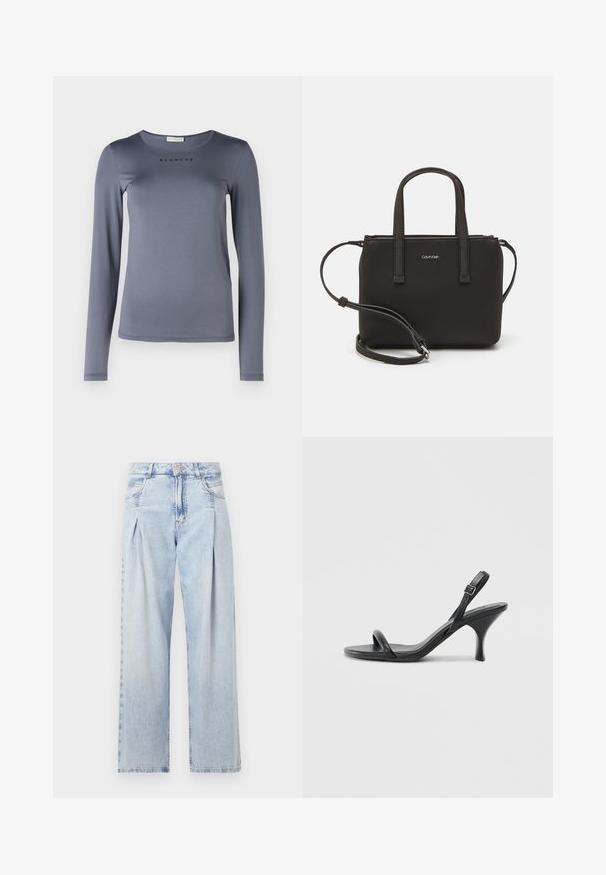 Langærmet grå skjorte lavet af blødt materiale, med en rund halsudskæring og ordet "BLANCHE" trykt i sort på brystet.; Lyseblå denim jeans med høj talje, bred benåbning, to sidelommer og plisseret design. Blød tekstur med et falmet finish.; Sorte læder højhælede sandaler med en slank, buet hæl og et krydset stropdesign. Justerbar ankelrem. Glat tekstur.; Sort håndtaske med to korte håndtag og en aftagelig skulderrem. Glat læderagtigt materiale med lynlåslukning og logo detaljer.