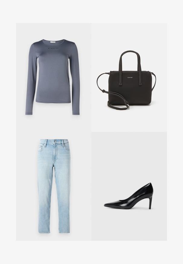 Šedá dlouhá tričko s dlouhým rukávem vyrobené z měkkého materiálu, s kulatým výstřihem a nápisem "BLANCHE" vytištěným černě na hrudi.; Světle modré denimové džíny, rovný střih, střední výška pasu, s pěti kapsami a zapínáním na knoflík vpředu.; Černé kožené boty na vysokém podpatku s špičatou špičkou, hladkým povrchem a zúženým podpatkem. Minimalistický design, bez dalších ozdob.; Černá kabelka s dvojitými krátkými uchy a odnímatelným ramenním popruhem. Hladký koženkový materiál s uzávěrem na zip a detailem loga.
