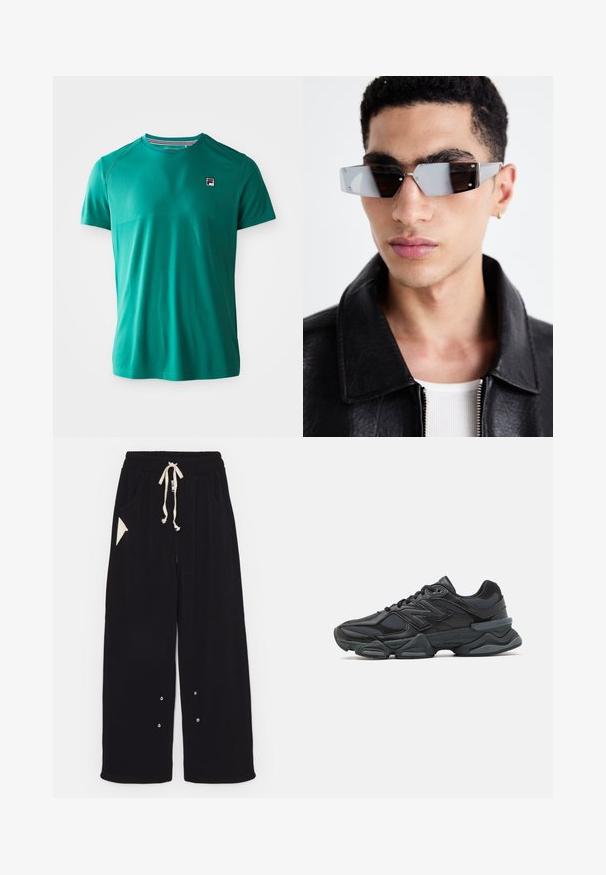 Tumesinine lühikeste varrukatega spordisärk ümmarguse kaelusega ja väikese FILA logoga vasakul rinnal, esitatud ühel lihtsal valgel taustal.; Mustad laiad püksid pehmest kangast, millega kaasneb paelaga vöökoht, küljetaskud ja kolmnurkne aksenttasku. Hõbedased detailid on lisatud.; Mustad mustus jooksukeng, mis sisaldab segu võrgust ja sünteetilisest materjalist, jäme talla, kaarduv disain ja silmapaistev bränding külgedel.; Angular hallikatega tumedad prillid hõbedaste detailidega, heleda tausta ees. Prilliklaasid omavad ainulaadset geomeetrilist kuju.