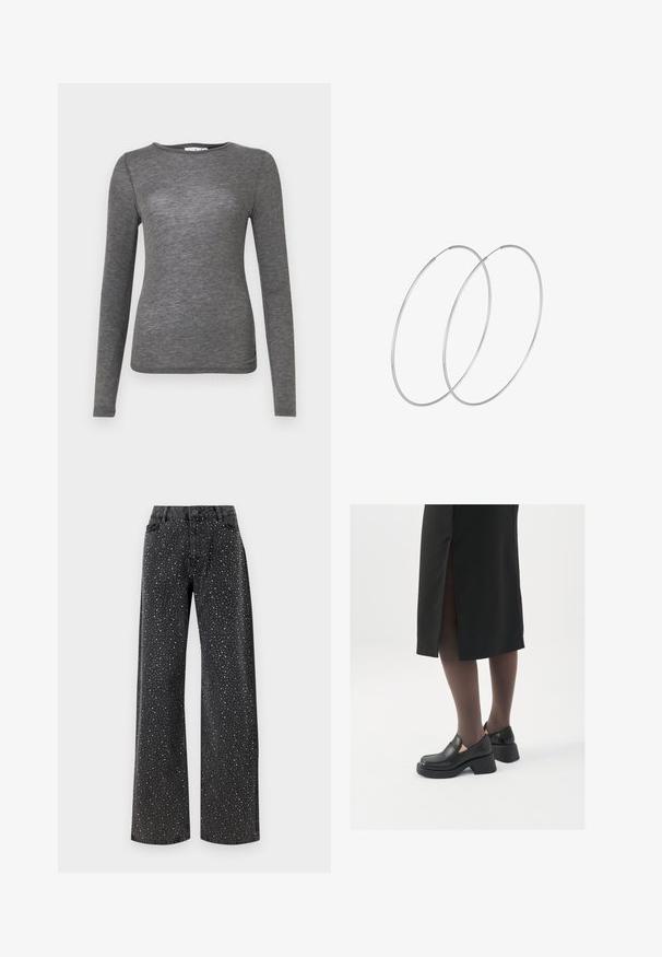 Garais ilgā piedurkne krekls no mīksta auduma, pieguļošs dizains ar apaļu kakla izgriezumu un gludu tekstūru, ar minimāliem savienojumiem.; Noisy May NMJANNEL LOOSE - Brīva piegriezuma džinsi - black denim; Melni ādas apavi ar noapaļotu purngalu, biezām bloku papēžiem un elastīgiem sānu akcentiem, apvienoti ar tumšām zeķubiksēm un melnu svārku ar šķirbu.; Sudraba gredzenveida auskari ar minimālistisku dizainu. Cirkulāra forma, gluda tekstūra un plāns profils. Vieglu svaru ar spīdīgu apdari.