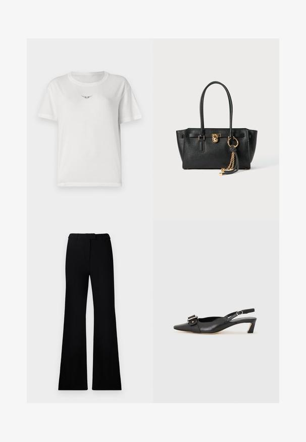 White cotton t-shirt with short sleeves, featuring a small black winged design on the chest and a classic round neckline.; Black flared pants featuring a smooth texture, tailored waistband, and front pockets, designed with a sleek, modern silhouette.; Black leather slingback shoe with pointed toe, small heel, and decorative buckle detail on the upper. Smooth texture, minimalistic design.; Black leather handbag with double handles, gold lock and chain detail, and black-and-white tassel accessory against white background.