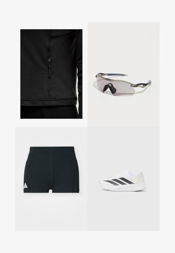 Black athletic zip-up top with a smooth texture, featuring a short zipper and reinforced stitching along the seams.; Black athletic shorts made of stretchy fabric, featuring a high waistband, fitted shape, and white Adidas logo on the left side.; White athletic shoe with black diagonal stripes, mesh upper, rounded toe, and textured sole. Accents include a silver heel and minimalistic design.; Sunglasses with a translucent gray frame, tinted lenses, and angular design. Features a distinctive nose piece and textured dark gray temple arms.