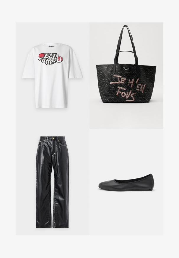 Valge lühikeste varrukatega t-särk, millel on graafiline disain tekstiga "Fiorucci" ja kaks punaste huulte illustratsiooni. Puuvillane kangas, standardne lõige.; Mustad kunstnahk püksid laia sääre lõikega, valgete õmblustega, esi-taskutega ning kuldse nupuga vöökoha juures.; Musthave mustika tantsutossud mustast nahast, ümmarguse varbaga, siledast tekstuurist, minimaalse õmblusdetailiga ja paindliku tallakujundusega.; Must kuhja musta kotiga, tekstureeritud materjaliga, mis on kaetud rombikujuliste mustritega. Kotil on õlavarre rihmad ja julged punased ja valged tekstid, mis ütlevad "JE M'EN FOUS."