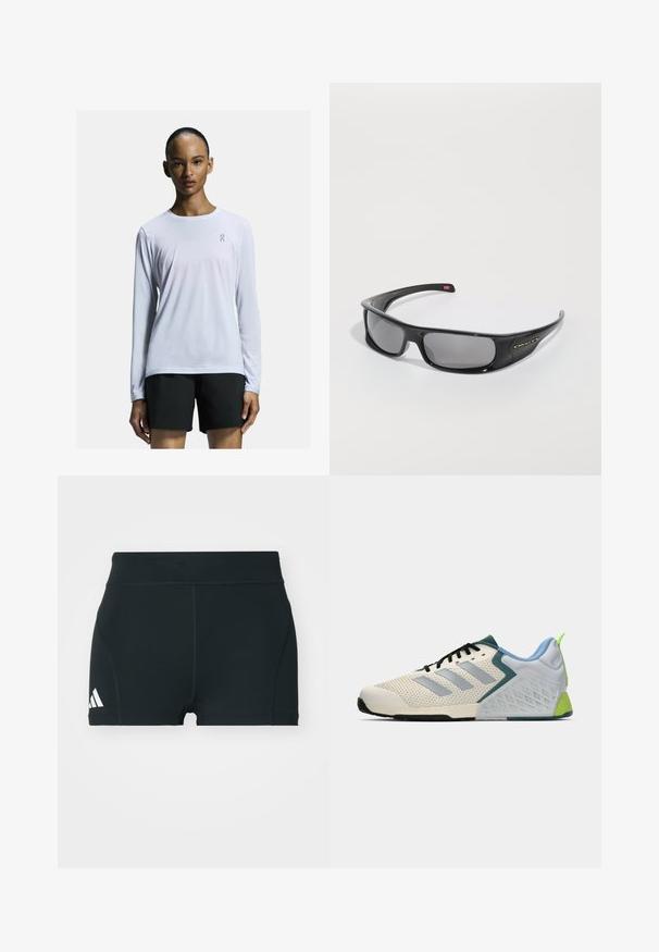 Ilga rankovė balta sportinė marškinė, pagaminta iš lengvos ir kvėpuojančios medžiagos. Yra apvalus kaklas ir subtilus logotipas ant krūtinės.; Juodi sportiniai šortai, pagaminti iš tamprios medžiagos, su aukštu juosmeniu, aptemptu siluetu ir baltu Adidas logotipu kairėje pusėje.; Lengvi sportiniai bateliai su smėlio spalvos tinklelio viršumi, pilkomis juostelėmis, žaliu akcentu ir tekstūruotu mėlynu kulno užsegimu. Juodi raišteliai.; Juodos Oakley apvalios saulės akinių su tamsiais stačiakampiais objektyvais ir kreivomis rankenomis ant paprasto balto fono.