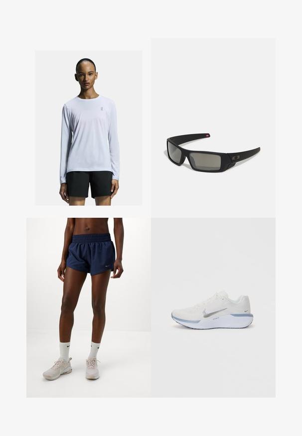 Long-sleeve white performance shirt made of lightweight, breathable fabric. Features a round neckline and a subtle logo on the chest.; Female wearing navy blue athletic shorts, white Nike socks, and light pink Nike sneakers standing against a plain white background.; White athletic shoe with a textured mesh upper, silver accents, and a light blue sole. Features round laces and a cushioned heel.; Black sunglasses with a matte finish, rectangular lenses, slight curve on temples, subtle logo detail, and smoke-tinted lenses.