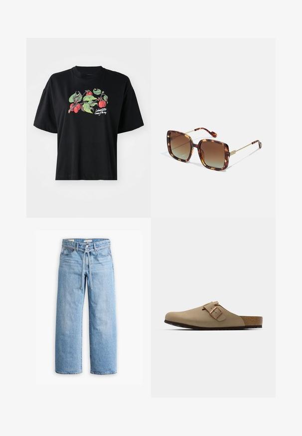 Czarna koszulka z krótkim rękawem z kolorową grafiką owoców i liści na przodzie, z nadrukowanym tekstem "Cargart WIP Cream of the crop."; Jasnoniebieskie dżinsy w szerokim kroju z wysokim stanem, z zapięciem na guziki i zamek oraz sznurkiem w talii. Zakończenie w surowym wykończeniu.; Beżowe klapki z zaokrąglonym noskiem, regulowanym zapięciem i korkową wkładką. Teksturowana powierzchnia z czarną gumową podeszwą dla lepszej przyczepności.; Brązowe okulary przeciwsłoneczne w kształcie kwadratu, z gradientowymi soczewkami i złotymi metalowymi akcentami na zausznikach i ramionach. Teksturowana powierzchnia.