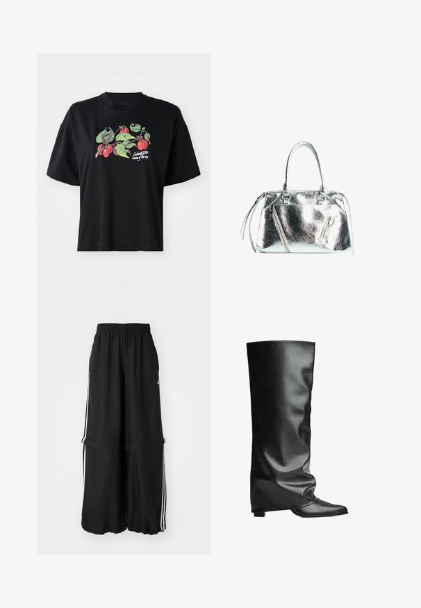 Czarna koszulka z krótkim rękawem z kolorową grafiką owoców i liści na przodzie, z nadrukowanym tekstem "Cargart WIP Cream of the crop."; Czarne spodnie sportowe z elastycznym pasem, bocznymi paskami i luźnym krojem z zebranym dołem dla swobodnego, luźnego wyglądu.; Czarne skórzane kozaki do kolan o gładkiej fakturze, luźnym kroju, spiczastym nosku i niskim kwadratowym obcasie. Minimalistyczny styl bez widocznych elementów metalowych.; Metaliczna srebrna torba o sztywnym kształcie, z dwoma uchwytami na górze i kieszeniami zapinanymi na zamek z przodu. Gładka, błyszcząca tekstura.