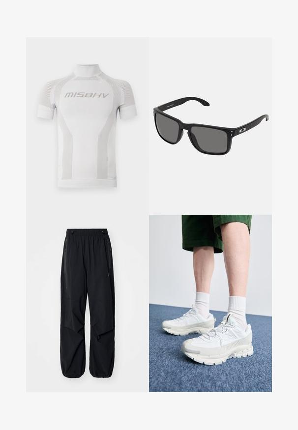 Cămașă sport albă cu mâneci scurte, gât înalt și liniile verticale subtile. Are logo-ul "MISBHV" în gri deschis pe partea din față.; Pantaloni cargo ușori negri, cu talie elastică, fermoare laterale și buzunare încăpătoare. Au un croi lejer și manșete evazate.; Pantofi sport albi cu suprapuneri texturate, talpă masivă și accente gri. Purtați cu șosete albe până la glezne și pantaloni scurți verzi pe o suprafață albastră.; Ochelari de soare negri cu un cadru din plastic gros, lentile gri închis și accente metalice subtile pe brațe. Formă pătrată cu textură netedă.