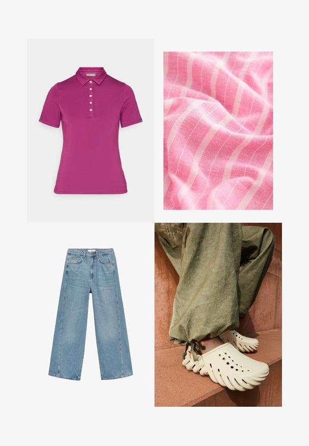 Tricou polo fucsia, cu mâneci scurte, confecționat dintr-un material moale. Prezintă un guler clasic, o închidere cu cinci nasturi și un etichetă pe mâneca stângă.; Un material roz prezintă o suprafață texturată cu dungi verticale albe proeminente. Materialul pare moale și ușor, având o cădere delicată.; Jeans largi de culoare albastru deschis, din denim, cu talie înaltă, două buzunare frontale și cusături vizibile de-a lungul cusăturilor laterale.; Clog-uri din cauciuc bej cu margini ondulate și găuri de ventilație, purtate cu pantaloni verzi, cu manșetă strânsă, așezate pe o suprafață texturată de teracotă.
