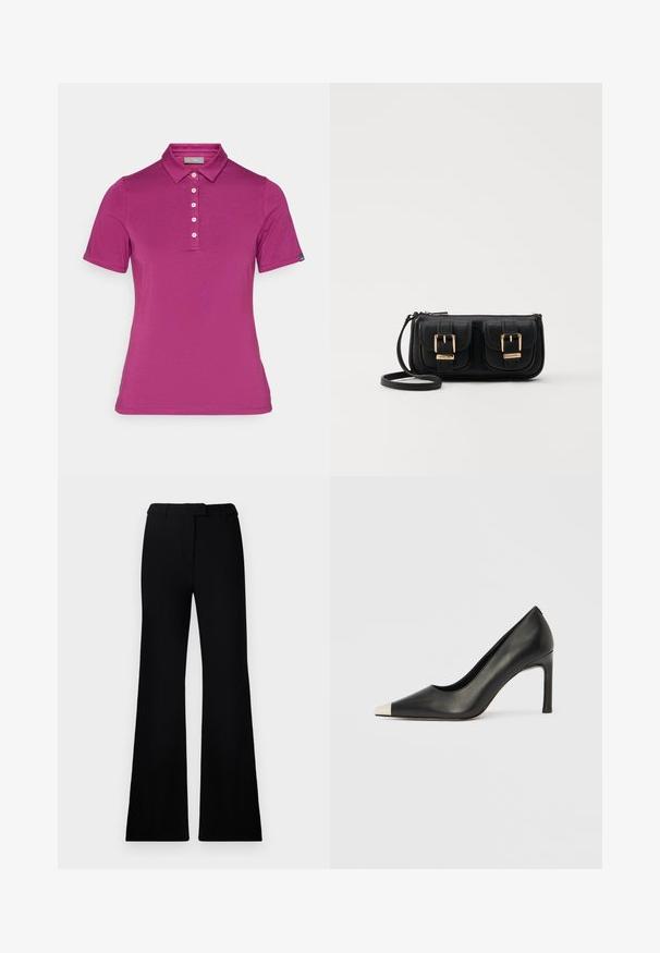 Polo de manga corta fucsia hecho de una tela suave. Presenta un cuello clásico, una tapeta de cinco botones y una etiqueta en la manga izquierda.; Pantalones acampanados negros con una textura suave, cintura ajustada y bolsillos frontales, diseñados con una silueta moderna y elegante.; Zapato de tacón alto de cuero negro con punta en forma de pico y una tapa metálica plateada. Presenta un acabado suave y un tacón delgado de 10 cm.; Bolso cruzado de cuero negro con dos bolsillos frontales, hebillas doradas, cierre de cremallera y una correa delgada. Superficie texturizada y forma rectangular compacta.