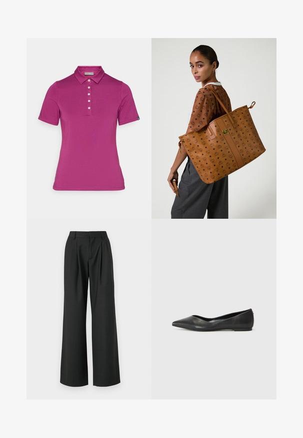 Fuchsia polo shirt met korte mouwen, gemaakt van zachte stof. Voorzien van een klassieke kraag, een vijfknopenlijst en een label op de linker mouw.; Won Hundred CAMILLE TROUSERS - Broek - licorice; Zwarte leren ballerina met een spitse neus, lage hak en een gladde structuur. Minimalistisch ontwerp met een subtiele zijaccent.; Vrouw met opgestoken haar, die een grote bruine tas met patroon en een bijpassend klein etui draagt, gekleed in een bruine shirt met logo en grijze broek.; Bruine leren portemonnee met ritsluiting, voorzien van zwarte MCM-logo patronen en diamantaccenten op een gladde textuur.