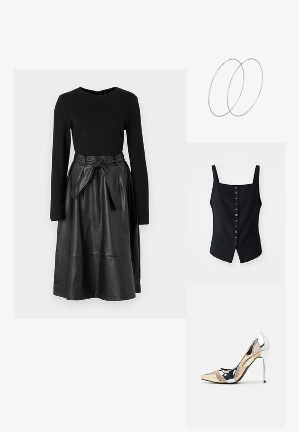 Juodas be rankovių viršus su prigludusia forma, turintis tiesų dekoltė ir dekoratyvūs metaliniai mygtukai priekyje.; Juodas ilgas rankovės marškinėlis, derinamas su juoda dirbtinės odos sijonu, turinčiu surišamą juosmenį ir lygią, blizgią tekstūrą.; Aštrus pirštas aukštakulnis batelis su sidabro, aukso ir nuogų spalvų deriniu. Blizgus paviršius su išpjovos dizainu, su stiletto kulnu.; Sidabrinė metalinė maišelio forma su švelnia, apvalia forma ir mazgu užveriamu viršumi. Pagaminta iš lygios dirbtinės odos medžiagos.; Sidabrinės pusmėnulio auskarai minimalistiniu dizainu. Apskritimo forma, lygus paviršius ir plonas profilis. Lengvi su poliruotu apdailu.