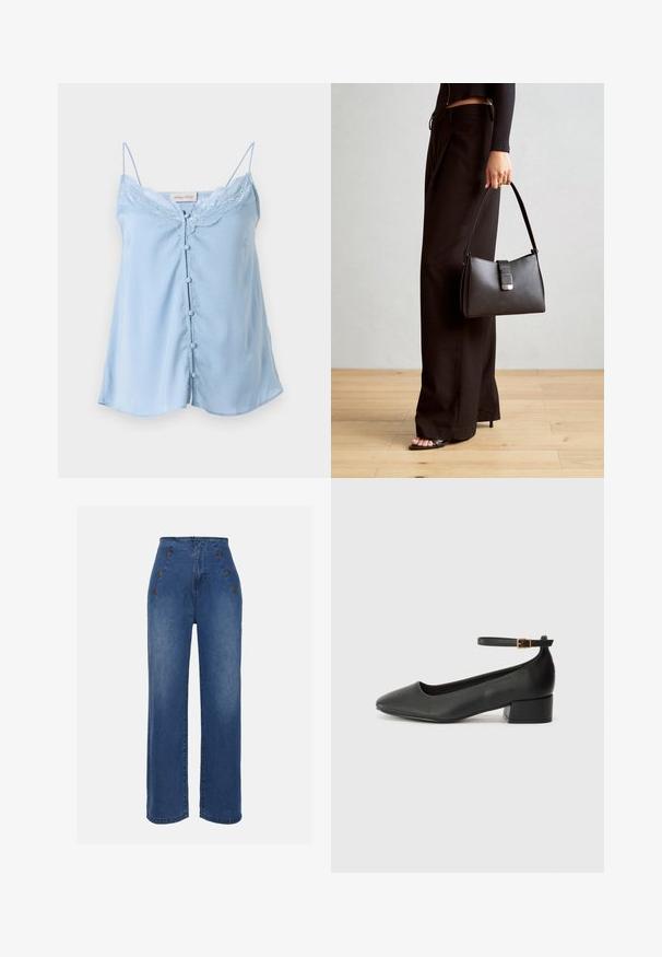 Lys blå sateng camisol med tynne stropper, blondekant langs utringningen, og fem dekorative knapper foran.; Høyt midje denimjeans i middels blå. Har knappedetaljer foran og bred benstil. Stoffet har en glatt tekstur med lett falming.; Sorte skinnpumper med spiss tå og lav blokkhelt. Har ankelrem med gullfarget spenne. Glatt tekstur.; Svart håndveske med strukturert form, jevn tekstur og metallisk lås. Kombinert med brede svarte bukser og sandaler med åpen tå på tregulv.