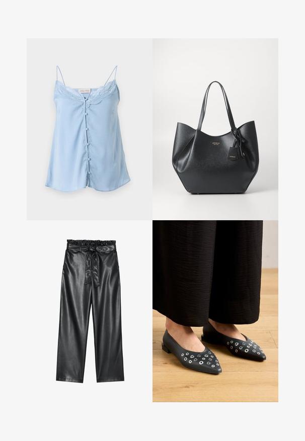 Világoskék, szaténból készült felsőrész vékony pántokkal, csipkés díszítéssel a nyakkivágásnál, és öt díszgombbal az elején.; Fekete műbőr, bő szárú nadrág rugalmas, fodros derékkal és levehető övvel. Sima textúra és minimális fényesség.; Fekete bőr lapos cipők, hegyes orral, változó méretű fémbetét díszítéssel és alacsony szögletes sarkával. Simább textúra a fapadlón.; Fekete táska, textúrált szintetikus anyagból, széles sziluettel, dupla fogantyúkkal és logózott pendant részlettel.; Ez egy ezüst fülbevaló, sima felülettel, amelyen apró arany díszítőelemek találhatók. Kerek formájú és a fülcimpán viselik.