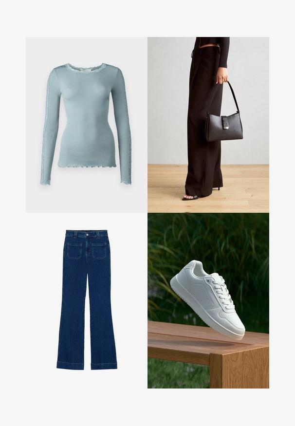 Rosemunde BERNADINE REGULAR O NECK - Hosszú ujjú felső - blue mist; Sötét kék, sima textúrájú, bővülő farmernadrág, öt zsebbel és gombos derékkal.; Fehér sportcipő sima szintetikus felsőrésszel, perforált lábujjrész, lapos fűzőkkel és texturált talppal, fából készült felületen kihelyezve.; Fekete kézi táska strukturált formával, sima textúrával és fémből készült záródással. Széles fekete nadrággal és nyitott orrú szandállal párosítva, fából készült padlón.