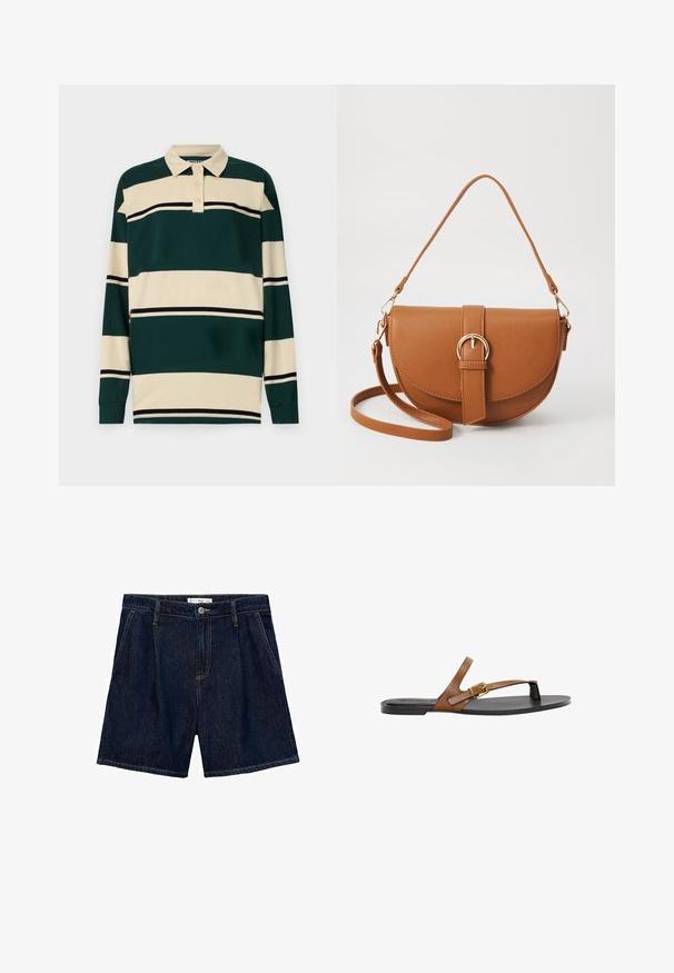 Polohemd met lange mouwen in donker groen en crèmekleurige strepen, met een klassieke kraag en een drie-knopen placket, voorzien van zwarte accentstrepen.; Donkerblauwe denim shorts met een hoge taille, voorzien van twee zijzakken en een sluiting met een knop aan de voorkant. Gladde textuur en casual ontwerp.; Tan leren teenslipper met een gouden gespdetail, een platte zwarte zool en een minimalistisch ontwerp, met een soepele textuur.; Bruine leren schoudertas met een gebogen vorm, gouden hardware en een gespaccent. Bevat een afneembare schouderriem.