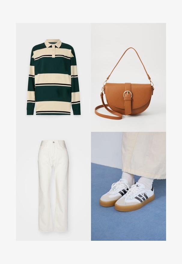 Garā piedurkņu polo krekls tumši zaļā un krēmīgi bejie svītrām, ar klasisku apkakli un trīspoguļu aizdari, ar melniem akcentu svītrām.; Baltās denima bikses ar augstu vidukli un plašu piegriezumu. Iezīmējas ar pogu un rāvējslēdzēja aizdari, jostu cilpiņām un smalkiem šķiedru akcentiem.; Baltas sporta apavi ar melnām svītrām un beisīgo zamšādu akcentiem. Ievies struktūrētu gumijas zoli un izkārtotas baltas šnerves, valkāti ar gaišiem zeķēm.; Brūns ādas plecu soma ar izliekta formu, zelta piederumiem un sprādzes akcentu. Iesaiņota ar noņemamu plecu siksnu.