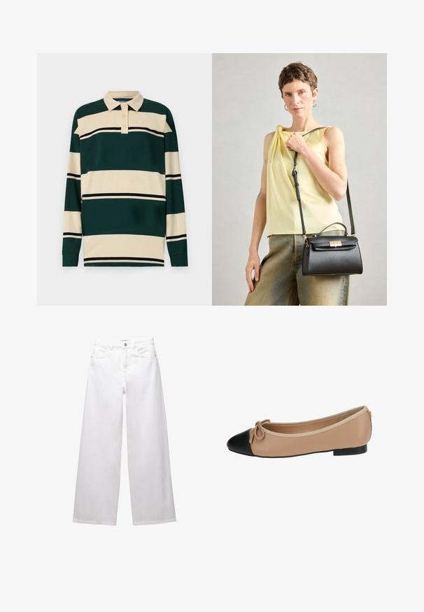 Mörkgrön långärmad polo tröja med krämfärgade beiga ränder, med en klassisk krage och tre-knapplåsning, samt svarta accentränder.; Vita vida byxor i jeansmaterial. Har knäppning i midjan, fram- och bakfickor samt stickade sömmar. Slät yta med minimala detaljer.; Ballettskor i beige läder med svart tådel. Har en framknutdetalj och en slät yta. Lågprofildesign med en gummisula.; Svart läderhandväska med en strukturerad design, handtag upptill och justerbar rem. Slät textur och detaljer med förgylld lås.
