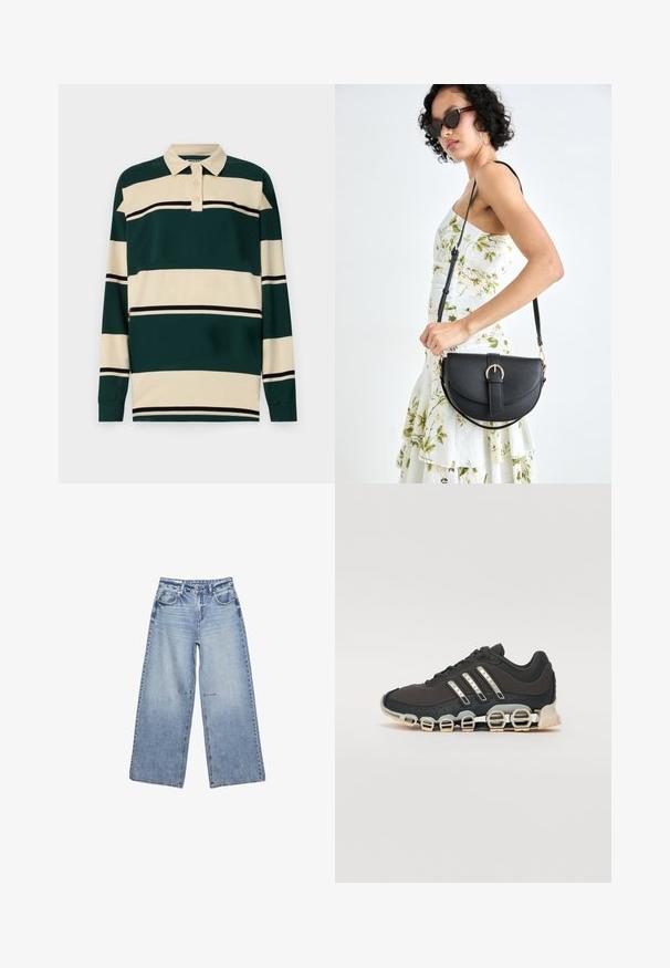Langärmliges Polohemd in dunkelgrün mit cremefarbenen Streifen, ausgestattet mit einem klassischen Kragen und einer Drei-Button-Leiste, ergänzt durch schwarze Akzentstreifen.; Hellblaue weit geschnittene Jeans aus Denim, mit hoher Taille, fünf Taschen und sanften Verwaschungen, mit rohen Säumen.; Schwarzer Sportschuh mit einer strukturierten Oberseite, drei silbernen Streifen und einer markanten Dämpfungssohle mit mehreren integrierten Sektionen.; Schwarze Lederhandtasche mit geschwungener Form, abnehmbarem Tragegurt und goldenen Beschlägen. Die Tasche verfügt über einen Deckel mit einer Schnallen-Details.