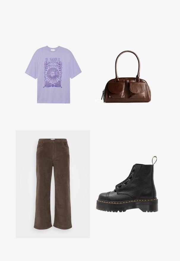 Lila Baumwoll-T-Shirt mit kurzen Ärmeln, das auf der Vorderseite eine kreisförmige Sonnengrafik und den Text "LE SOLEIL" in lila Druck zeigt.; Braune Cordhosen mit weiter Beinform, ausgestattet mit einem Knopfverschluss, Gürtelschlaufen und Fronttaschen. Weiche Textur und gerippter Stoff.; Schwarze Leder-Ankle-Boots mit strukturierten Oberflächen, runder Zehenpartie, Schnürdesign, gelben Nähten und einer dicken, gerippten schwarzen Plateausohle.; Braune Lederhandtasche mit zwei Vorderklappen, abgerundeten Griffen und einem Reißverschluss an der Seite vor einem weißen Hintergrund.