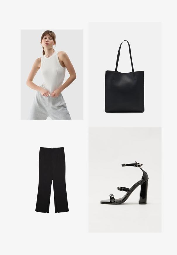 Biała, prążkowana bluzka bez rękawów z wysokim dekoltem, zestawiona z jasnoszarymi dresami, eksponująca miękkie tekstury i luźny krój.; Czarne spodnie o prostym kroju, z przednimi kieszeniami i bocznymi rozcięciami na dole. Wykonane z miękkiego, gładkiego materiału. Odpowiednie na różne okazje.; Czarne lakierowane sandały na obcasie z kwadratowym noskiem, z paskami wokół kostki i srebrnymi klamrami. Posiadają masywny słupek dla stabilności.; Czarna skórzana torba tote o gładkiej fakturze, prostokątnym kształcie i dwóch długich uchwytach. Brak widocznych elementów metalowych i ozdób.