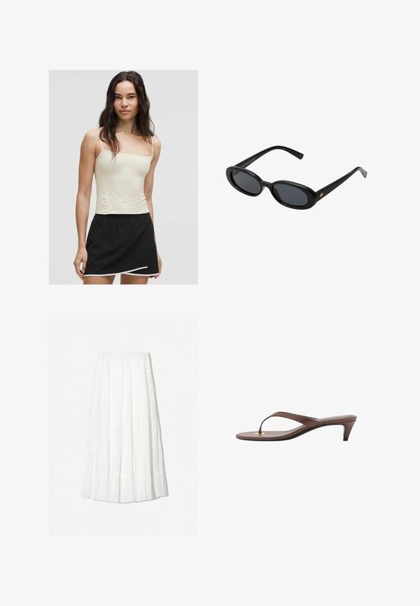 Hellgelbes Spaghetti-Trägershirt, kombiniert mit einem schwarzen Rock mit geschwungenem Saum und weißen Akzenten. Glatte Stoffoberfläche.; Weiße Maxirüsche aus leichtem Stoff mit einem gestuften Design und horizontalen Nähten. Elastischer Bund mit fließendem Silhouette.; Braune, mit Absatz versehene Flip-Flop-Sandale mit einem schmalen Riemen und abgerundetem Zehensteg, der ein kleines goldfarbenes Akzent auf dem Fußbett aufweist.; Schwarze, oversized Sonnenbrillen mit ovalen Gläsern, glattem Kunststoffrahmen und goldenen Akzenten an den Bügeln. Die dunklen Gläser bieten Sonnenschutz.