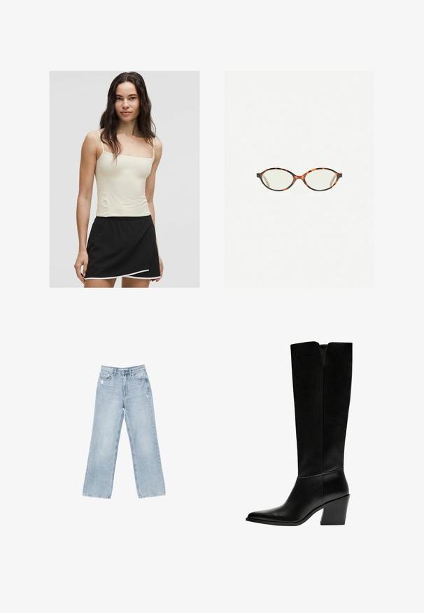 Lys gul spaghetti-strop tanktop parret med en sort nederdel med buet kant og hvide trimdetaljer. Glat stoftekstur.; Lyseblå denimjeans med bred benåbning, slidte detaljer, fem-lomme design og lynlåslukning.; Sorte knæhøje støvler lavet af glat læder, med spids tå, blokhæl og en V-formet udskæring foroven.; Skildpaddebriller med ovale linser og en elegant, glat finish. Har tynde sider med en subtil kurve ved tindingerne. Klare linser.; Hvid læder crossbody taske med en guldspænde, præsenterer et struktureret design, kontrasterende kanter og en tynd justerbar strop.