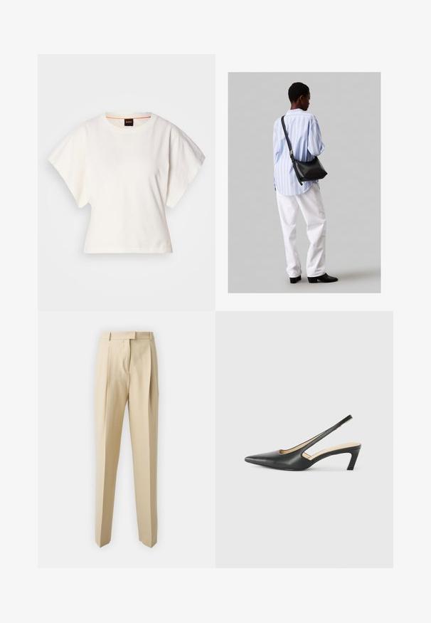 Fehér, rövid, bő ujjú, crop szabású póló, puha pamut anyagból, kerek nyakkivágással, finom narancssárga díszítéssel, minimalista dizájn, minta vagy grafika nélkül.; Beige szabott nadrág egyenes szabással, pliszékkel, derekújjjal és sima felülettel. Nincsenek látható zsebek vagy díszítések.; Fekete, hegyes orrú, slingback cipő alacsony sarkával, sima bőrből készült, oldalt kivágott deisgnal a légáteresztőképesség érdekében.; Fekete bőr válltáska puha tapintással, háromszög alakú, állítható pánttal, világoskék csíkos inggel és fehér nadrággal párosítva.